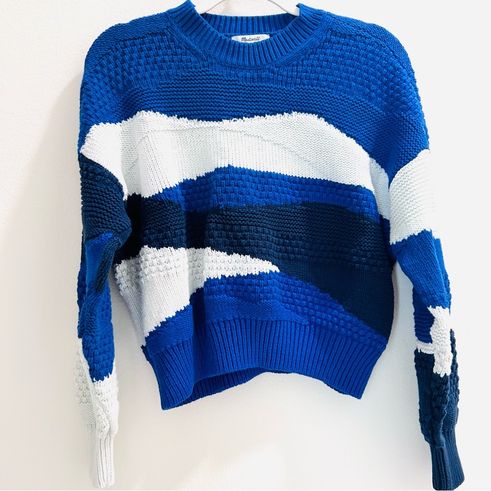 Madewell Blue and White Crew Neck Sweater